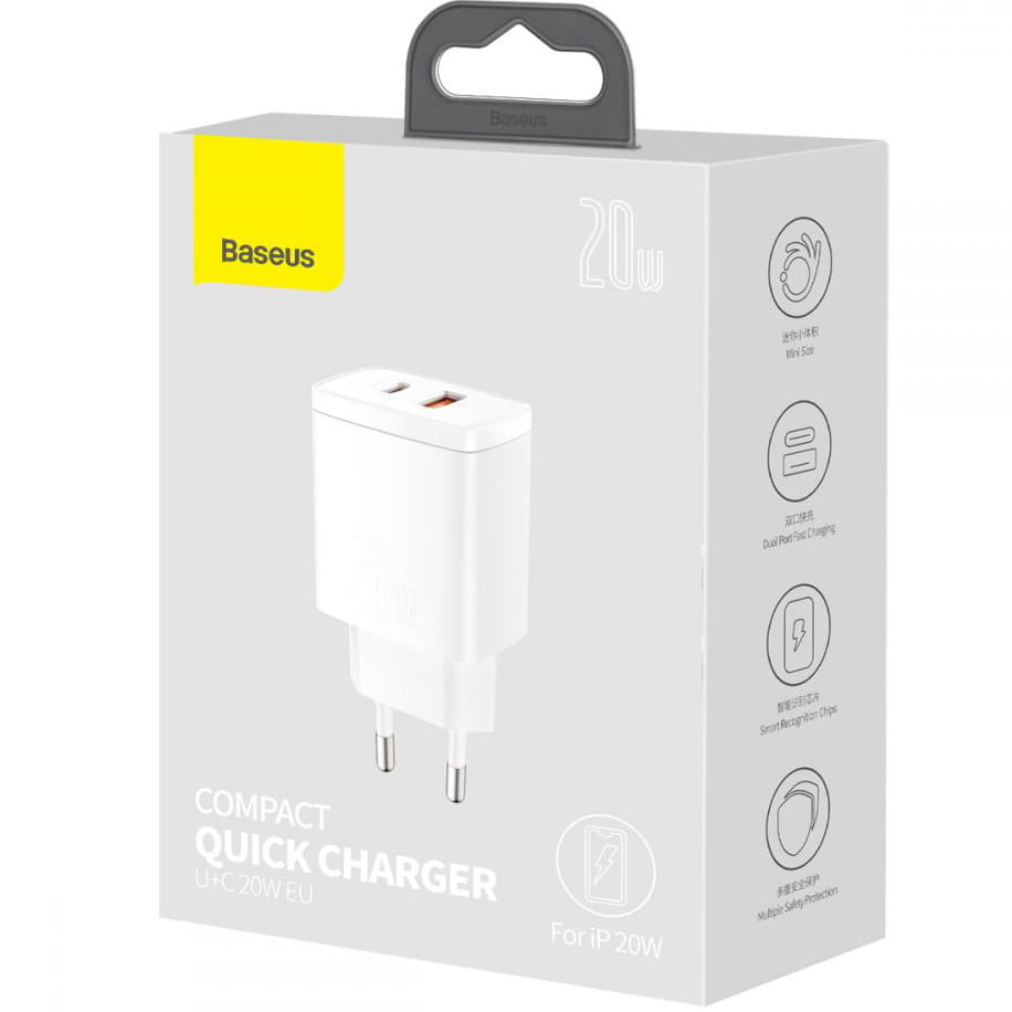 Wandladegerät Baseus Quick Charge 3.0, PD 20W USB-A, USB-C, Weiß