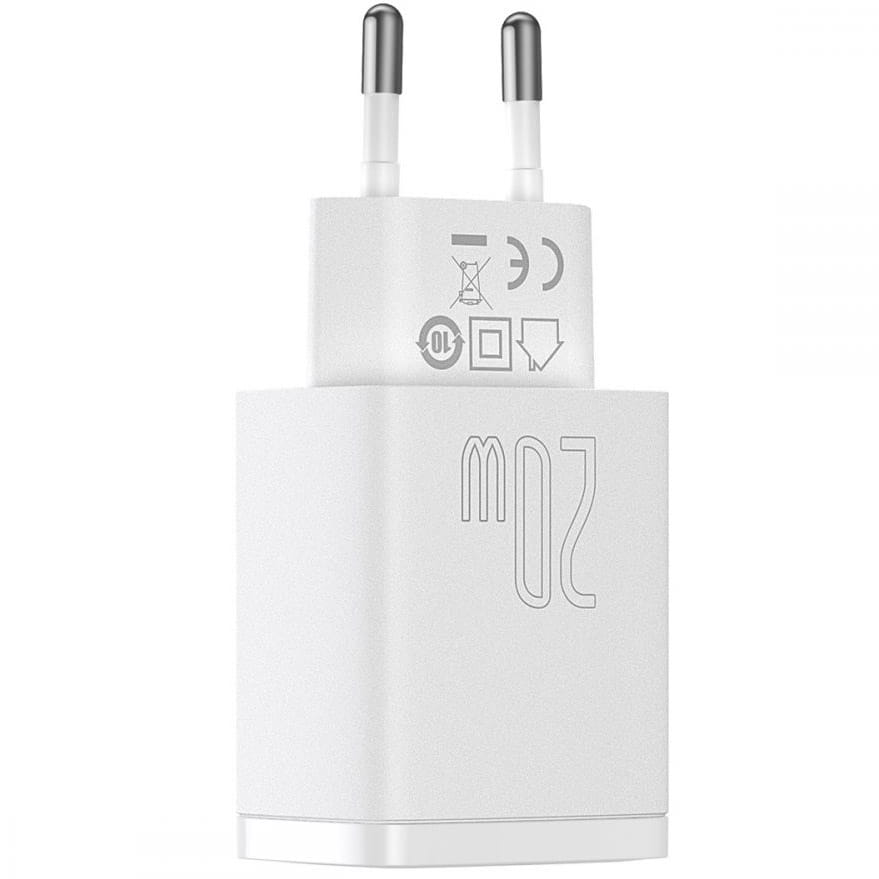 Wandladegerät Baseus Quick Charge 3.0, PD 20W USB-A, USB-C, Weiß