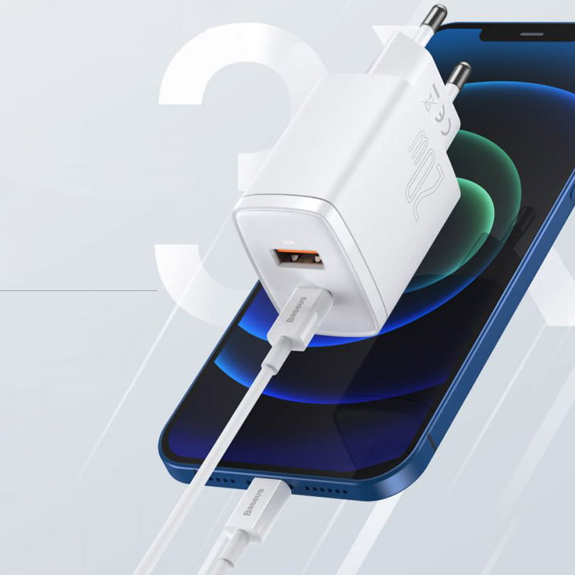 Wandladegerät Baseus Quick Charge 3.0, PD 20W USB-A, USB-C, Weiß