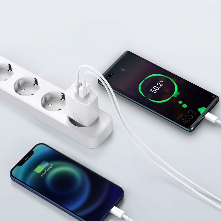 Wandladegerät Baseus Quick Charge 3.0, PD 20W USB-A, USB-C, Weiß