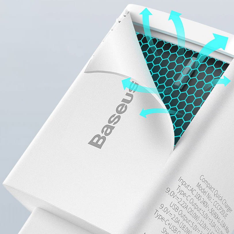 Wandladegerät Baseus Quick Charge 3.0, PD 20W USB-A, USB-C, Weiß