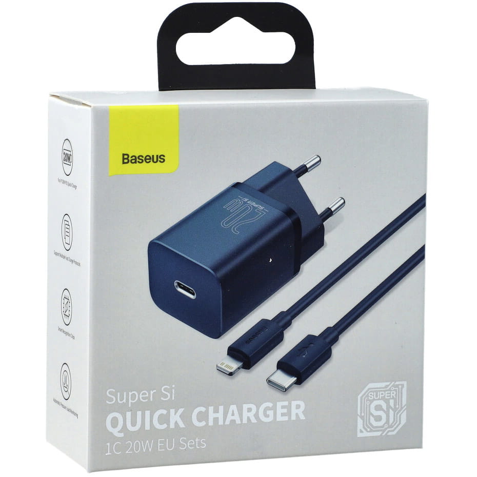 Wandladegerät Baseus Super Si USB-C 20W + kabel Lightning, Blau