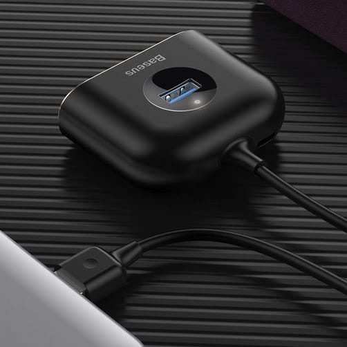 Baseus Square round, USB-A auf 3xUSB-A und MicroUSB Adapter, schwarz