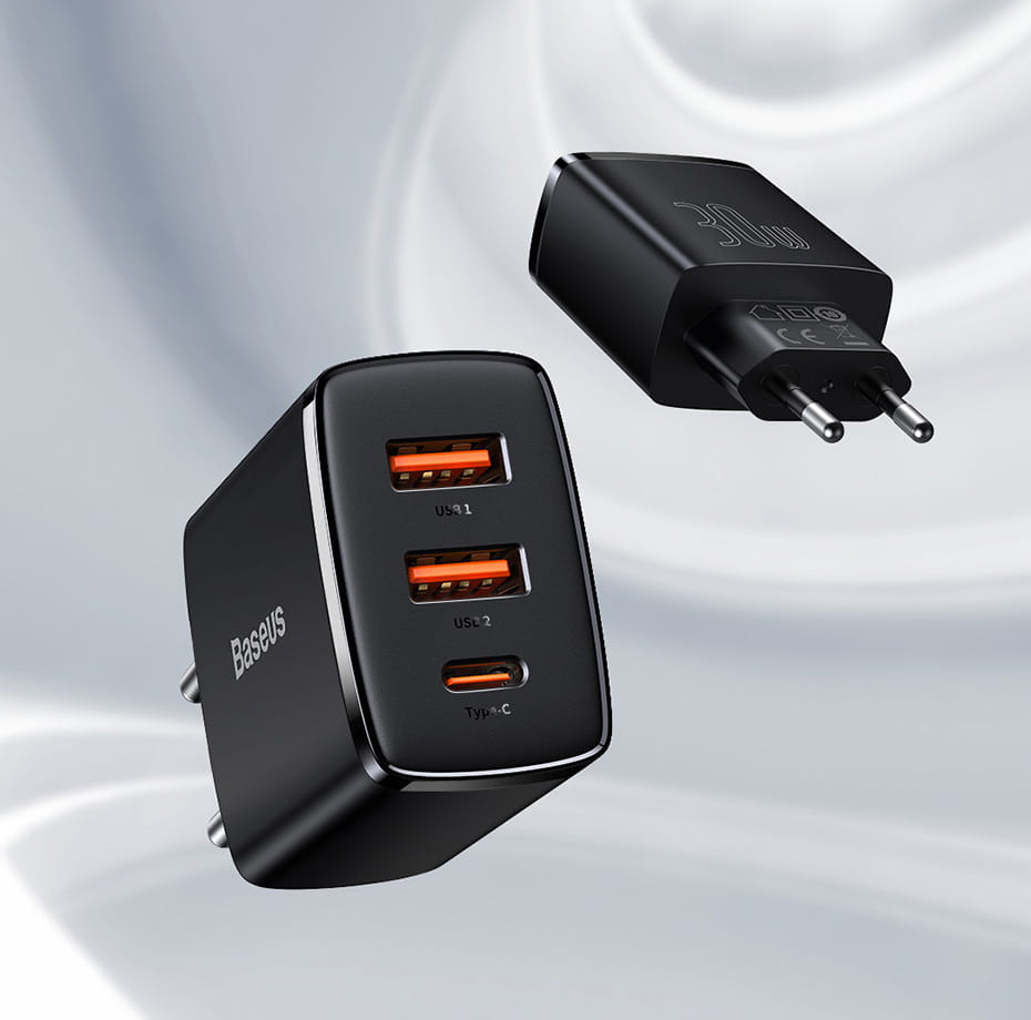 Wandladegerät Baseus Compact 2xUSB-A + USB-C QC 3.0 PD 30W 3A, Schwarz