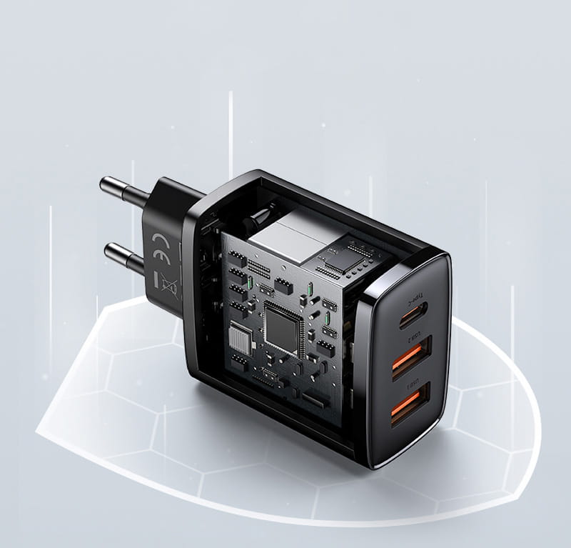 Wandladegerät Baseus Compact 2xUSB-A + USB-C QC 3.0 PD 30W 3A, Schwarz