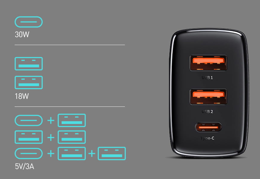 Wandladegerät Baseus Compact 2xUSB-A + USB-C QC 3.0 PD 30W 3A, Schwarz