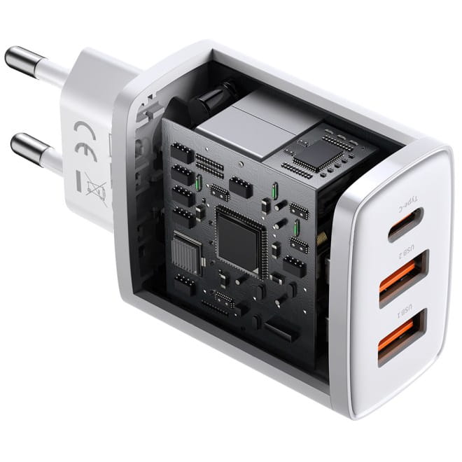 Wandladegerät Baseus Compact 2xUSB-A + USB-C QC 3.0 PD 30W 3A, Weiß