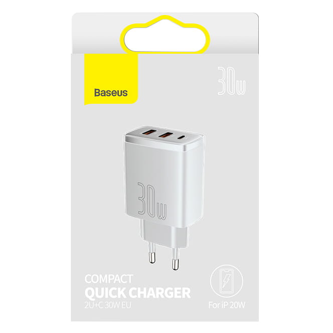 Wandladegerät Baseus Compact 2xUSB-A + USB-C QC 3.0 PD 30W 3A, Weiß