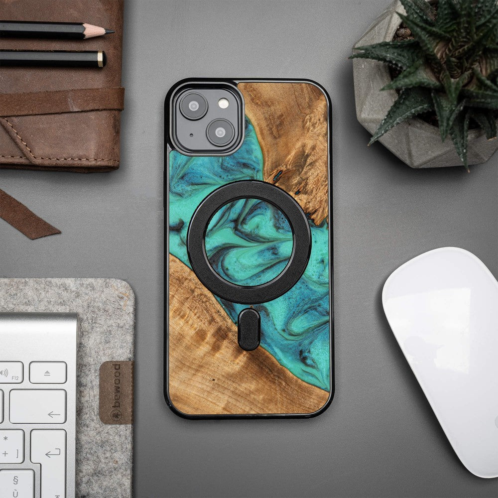 Holzhülle für iPhone 14 Plus, Bewood Unique Turquoise für MagSafe