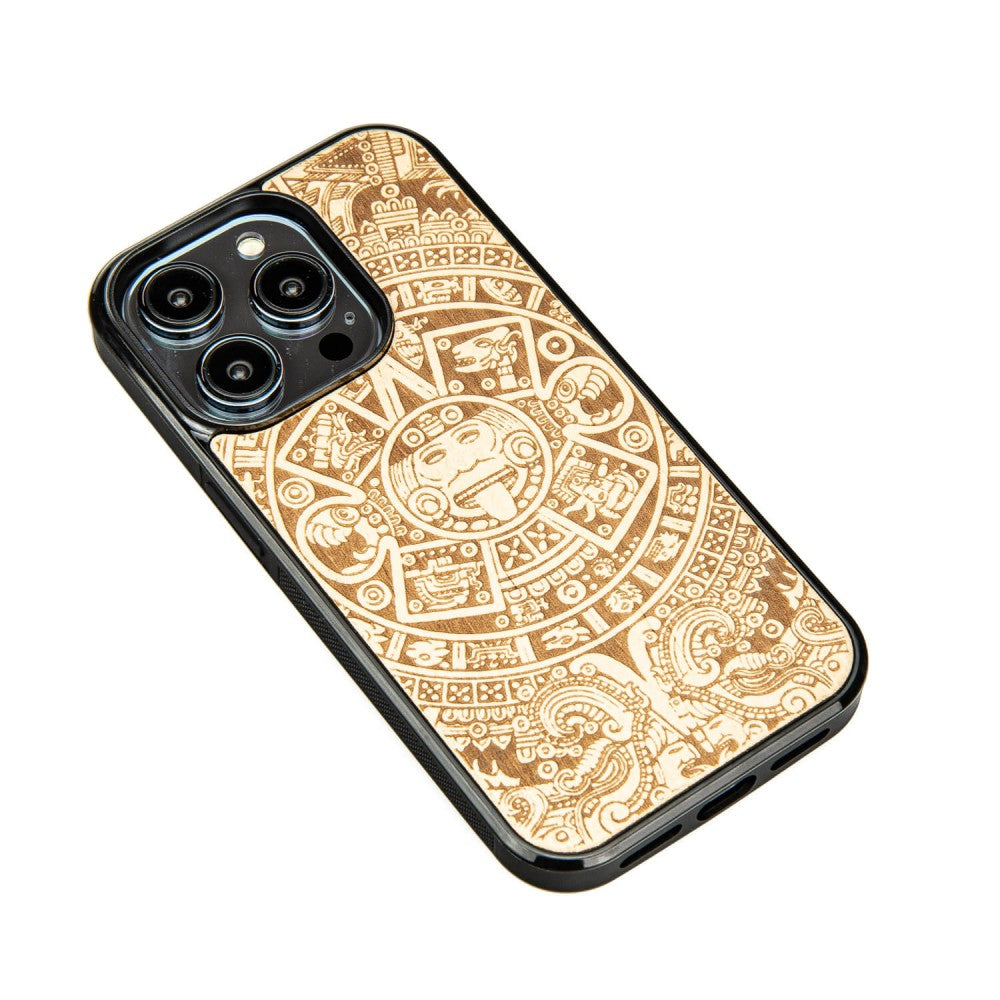 Holzhülle für iPhone 15 Pro, Bewood Aniegre Aztekischer Kalender