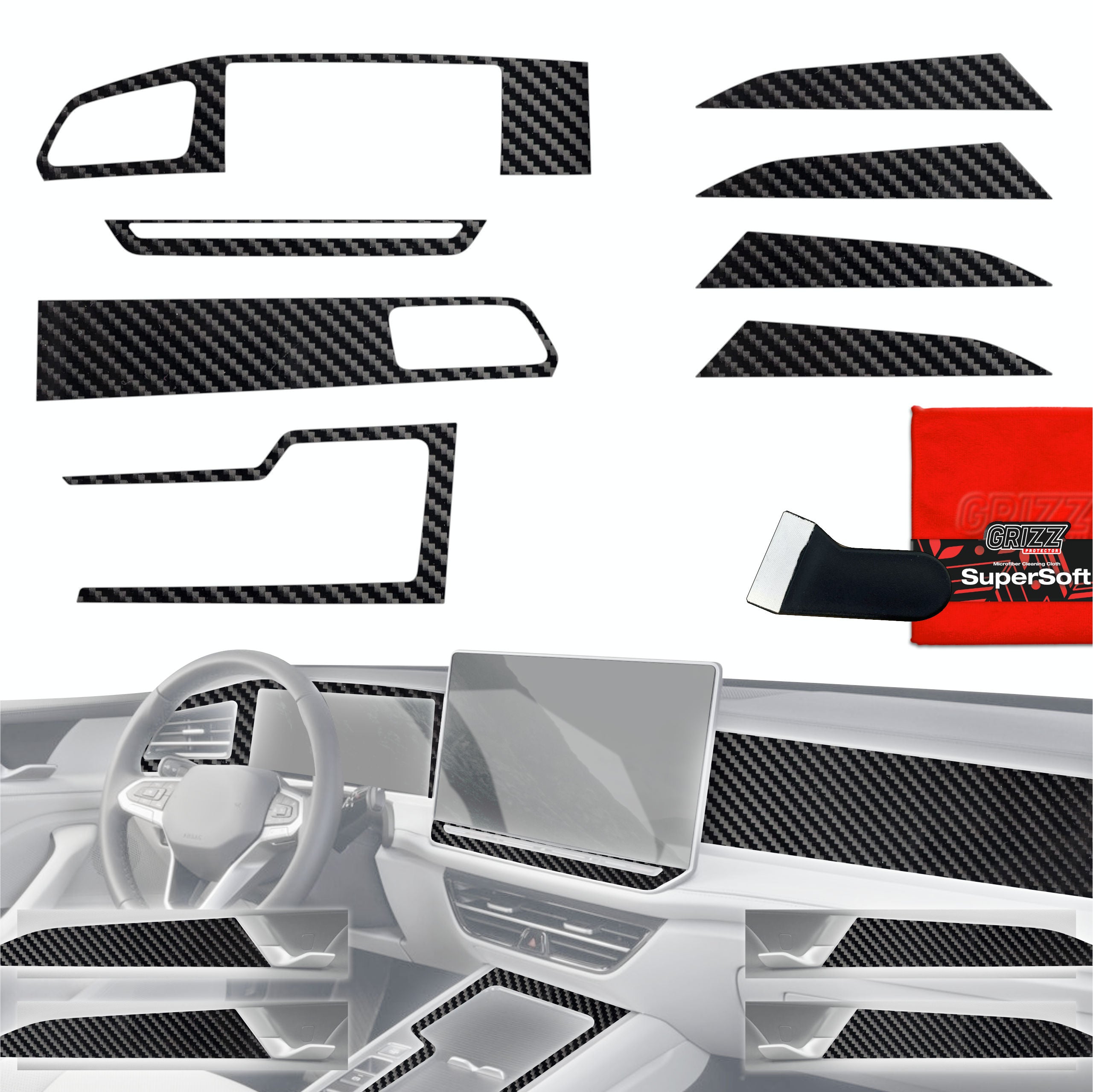 8in1 Schutzfolien Grizz Protector für Mittelkonsole & Armaturenbrett - Volkswagen Passat B9 12,9" (2024-2026) Carbon Optik Glanz