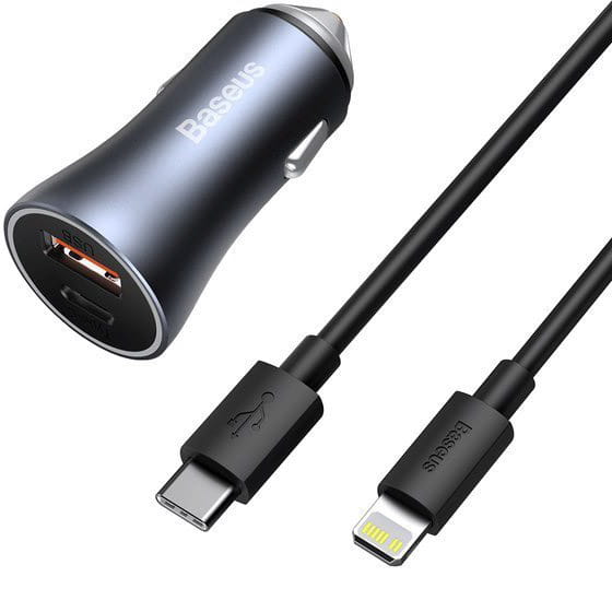 Autoladegerät Baseus Golden Contactor Pro 1xUSB-A, 1xUSB-C, PD 3.0, QC 4.0 + USB-C zu Lightning Kabel, grau