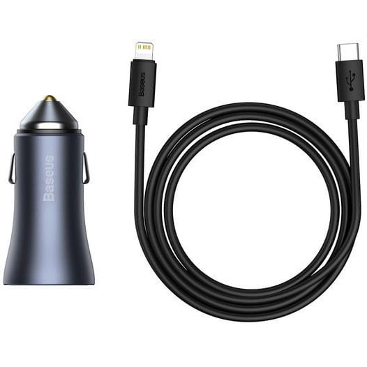Autoladegerät Baseus Golden Contactor Pro 1xUSB-A, 1xUSB-C, PD 3.0, QC 4.0 + USB-C zu Lightning Kabel, grau