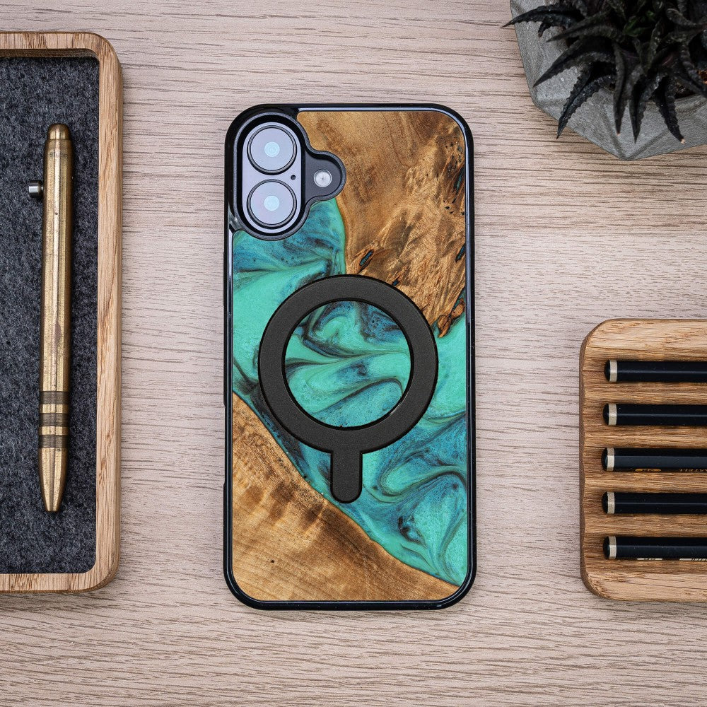 Holzhülle für iPhone 16 Plus, Bewood Unique Turquoise für MagSafe