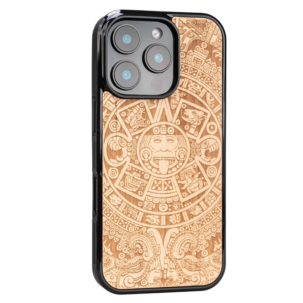 Holzhülle für iPhone 16 Pro, Bewood Aniegre Aztekischer Kalender