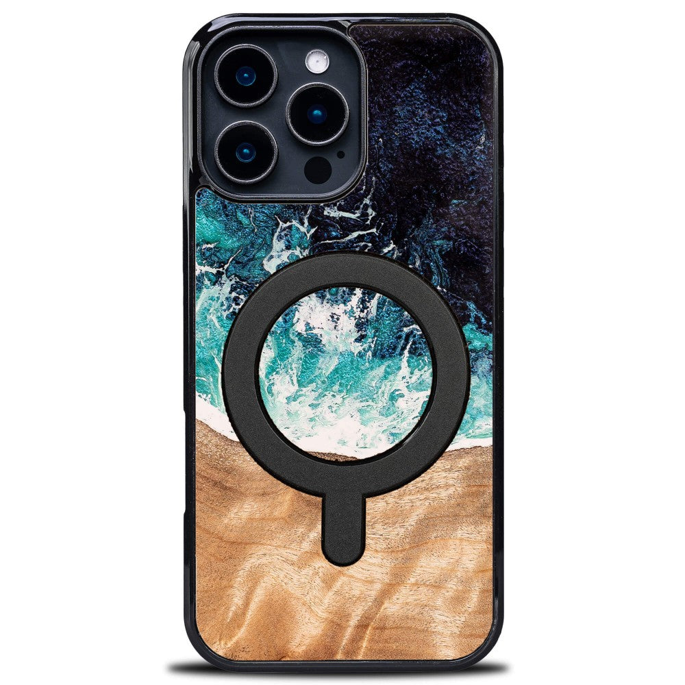 Holzhülle für iPhone 16 Pro Max, Bewood Unique Dream Island für MagSafe, Blau-Braun