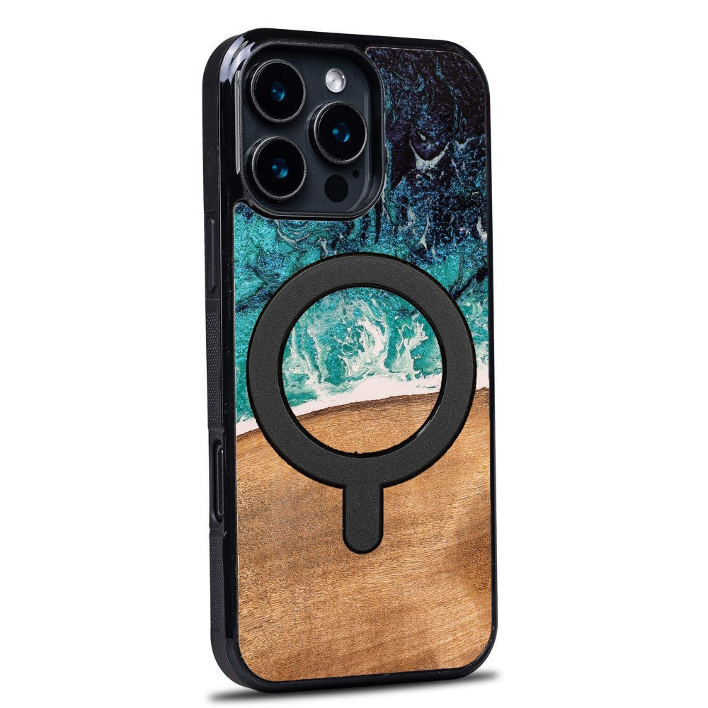 Holzhülle für iPhone 16 Pro Max, Bewood Unique Dream Island für MagSafe, Blau-Braun