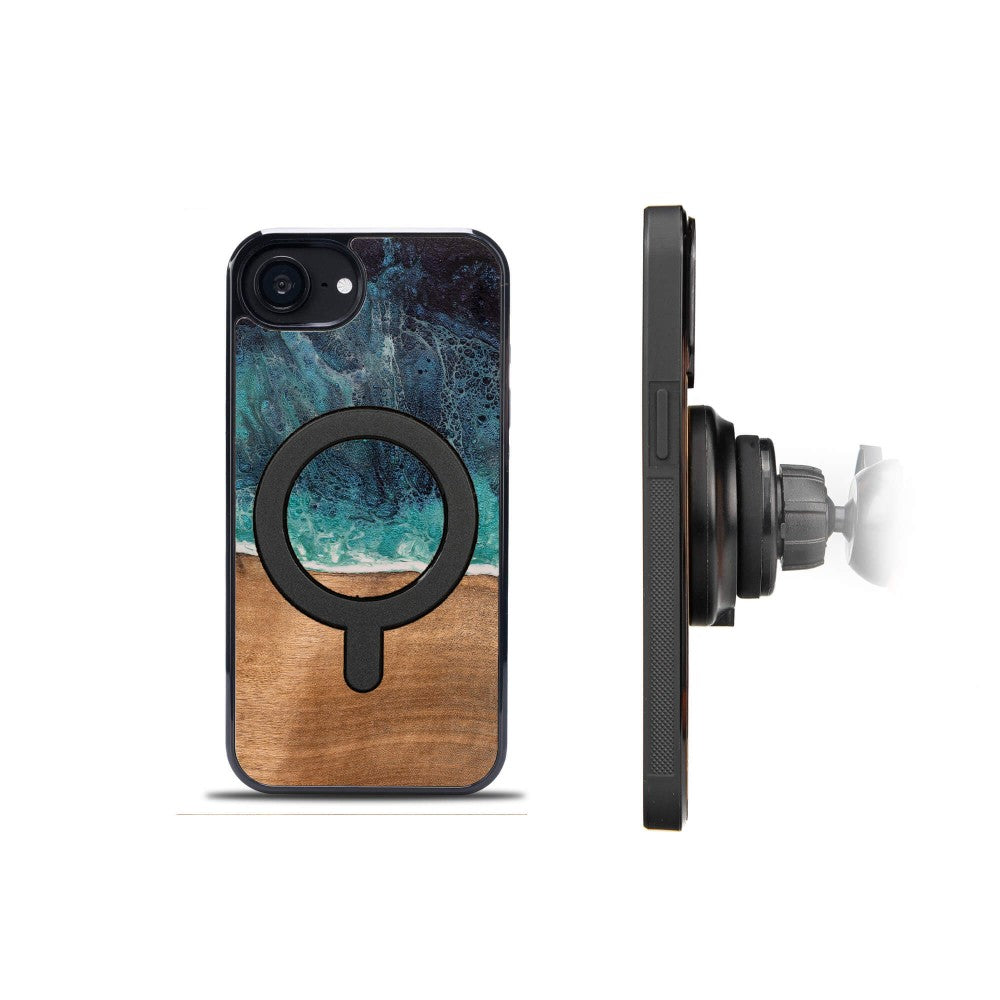 Holzhülle für iPhone 17e / 16e, Bewood Unique Dream Island für MagSafe, Blau-Braun