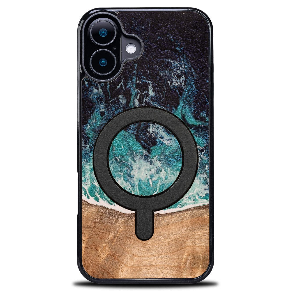 Holzhülle für iPhone 16, Bewood Unique Dream Island für MagSafe, Blau-Braun
