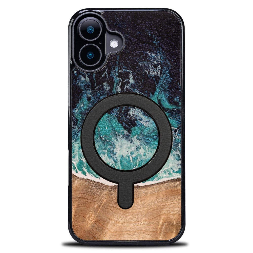 Holzhülle für iPhone 16 Plus, Bewood Unique Dream Island für MagSafe, Blau-Braun
