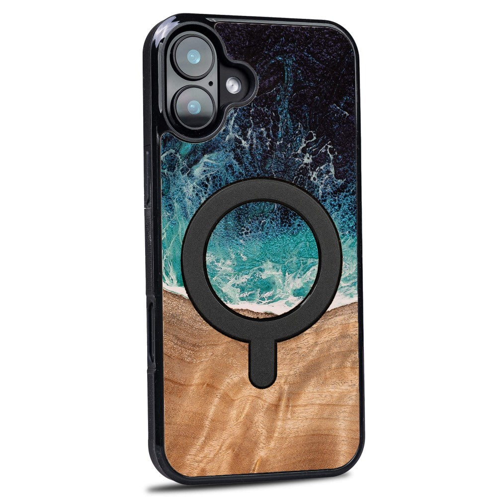 Holzhülle für iPhone 16 Plus, Bewood Unique Dream Island für MagSafe, Blau-Braun