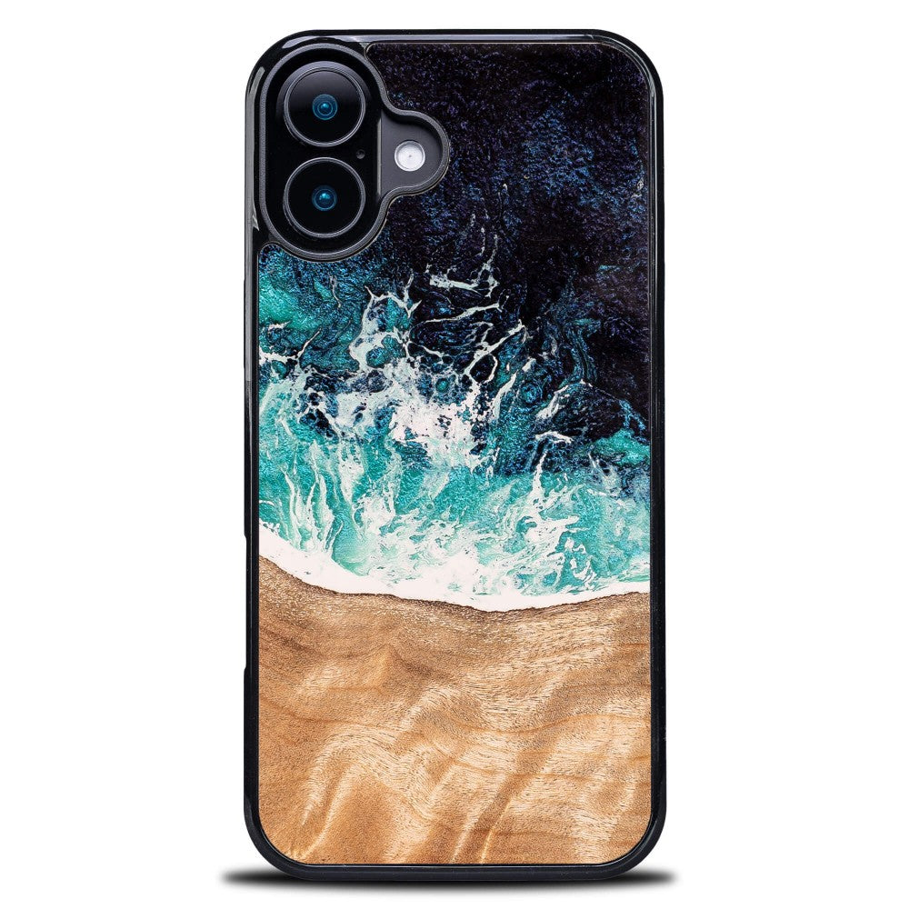 Holzhülle für iPhone 16 Plus, Bewood Unique Dream Island, Blau-Braun