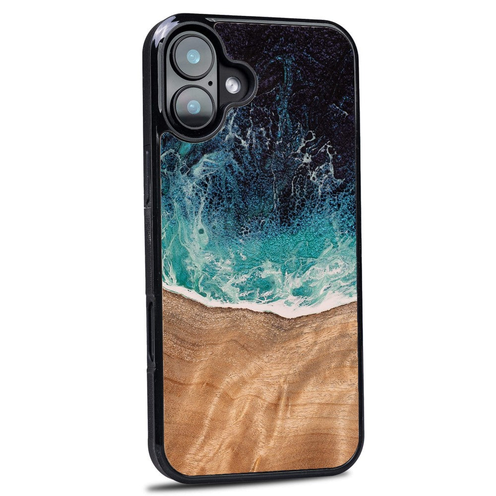 Holzhülle für iPhone 16 Plus, Bewood Unique Dream Island, Blau-Braun