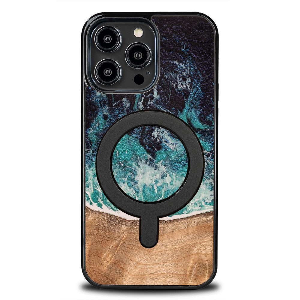 Holzhülle für iPhone 15 Pro Max, Bewood Unique Dream Island für MagSafe, Blau-Braun