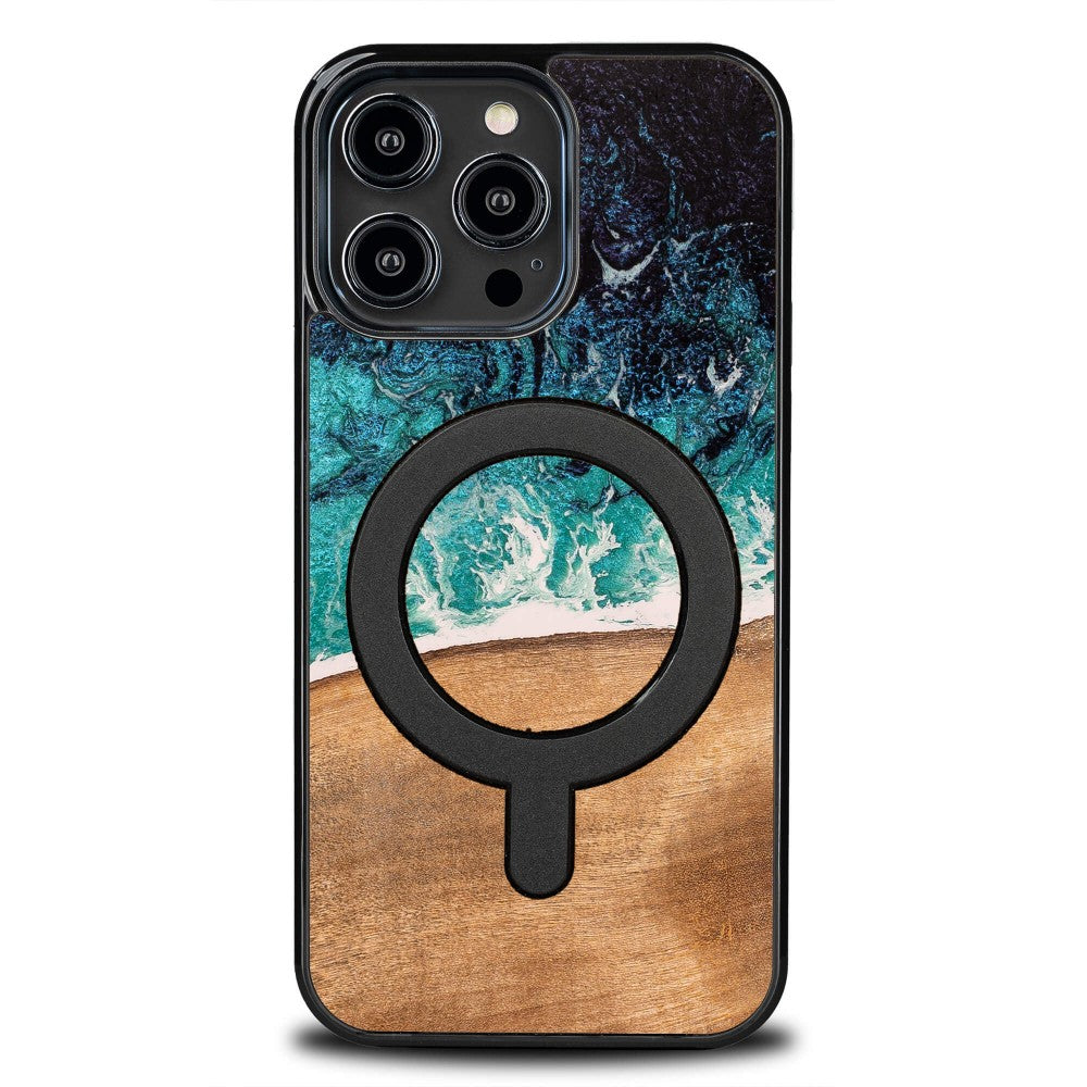 Holzhülle für iPhone 15 Pro Max, Bewood Unique Dream Island für MagSafe, Blau-Braun