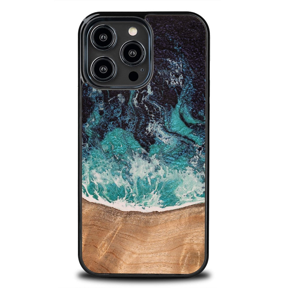 Holzhülle für iPhone 15 Pro Max, Bewood Unique Dream Island, Blau-Braun