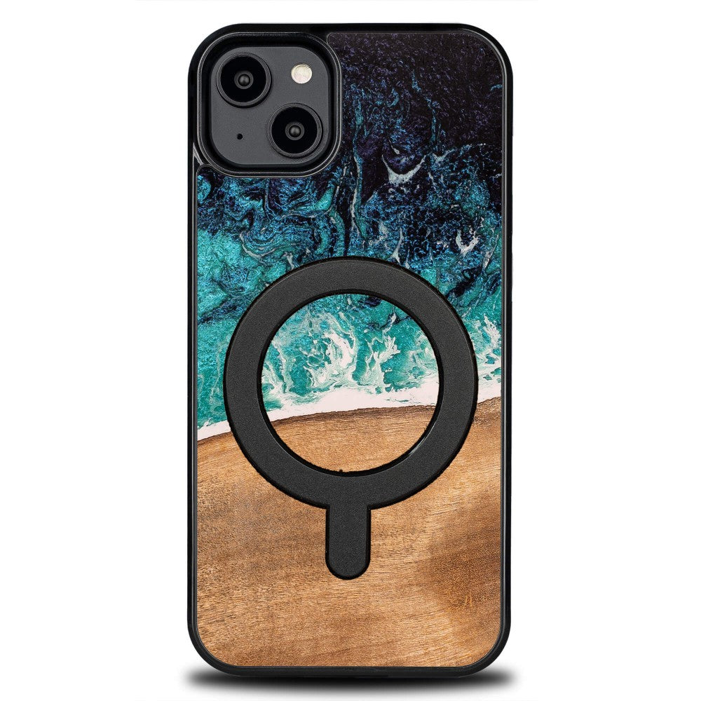 Holzhülle für iPhone 15 Plus, Bewood Unique Dream Island für MagSafe, Blau-Braun