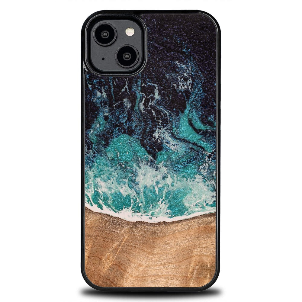 Holzhülle für iPhone 15 Plus, Bewood Unique Dream Island, Blau-Braun