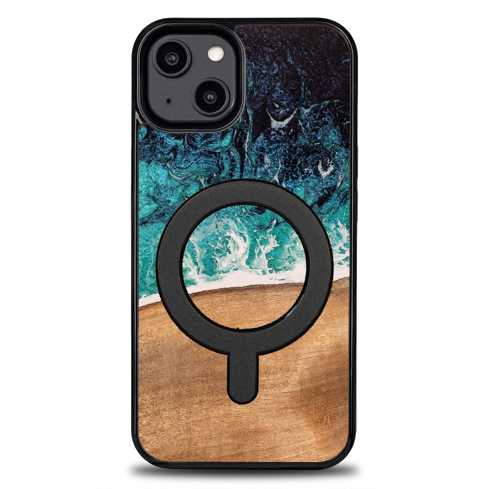 Holzhülle für iPhone 15, Bewood Unique Dream Island für MagSafe, Blau-Braun