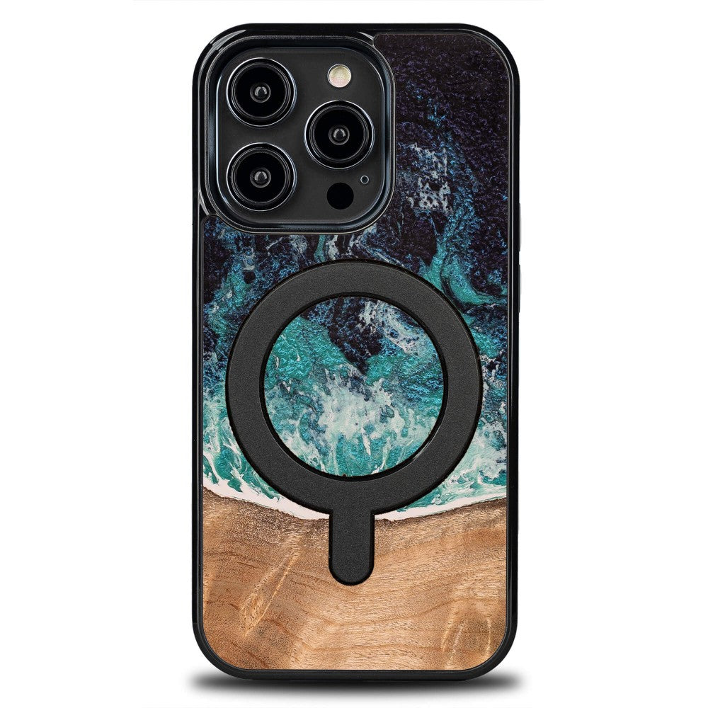 Holzhülle für iPhone 15 Pro, Bewood Unique Dream Island für MagSafe, Blau-Braun