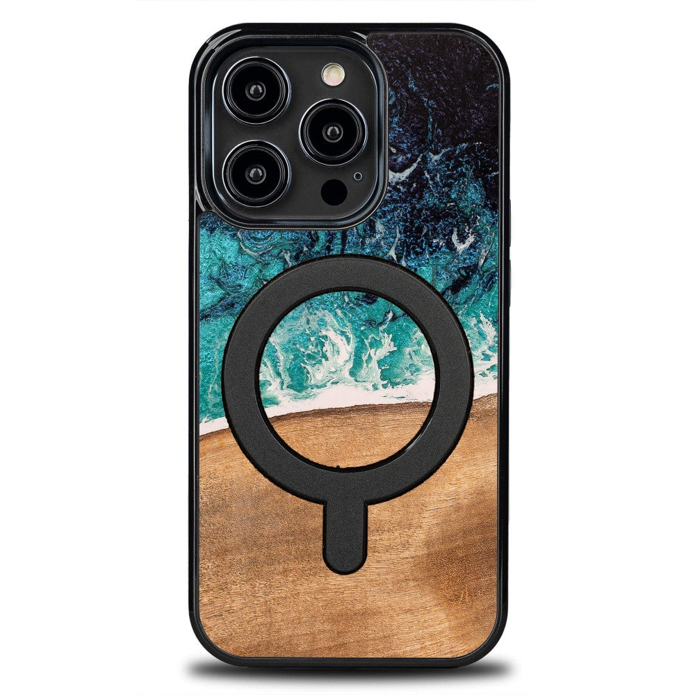 Holzhülle für iPhone 15 Pro, Bewood Unique Dream Island für MagSafe, Blau-Braun