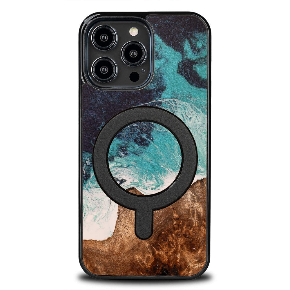 Holzhülle für iPhone 14 Pro Max, Bewood Unique Dream Island für MagSafe, Blau-Braun