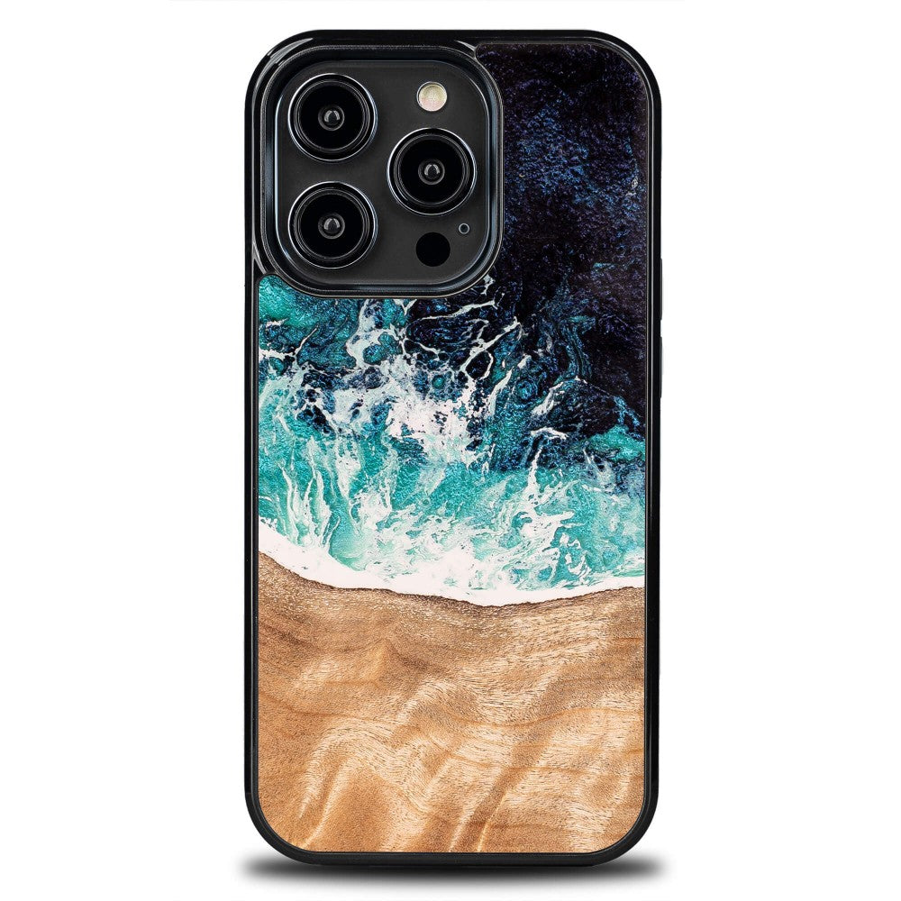 Holzhülle für iPhone 14 Pro, Bewood Unique Dream Island, Blau-Braun