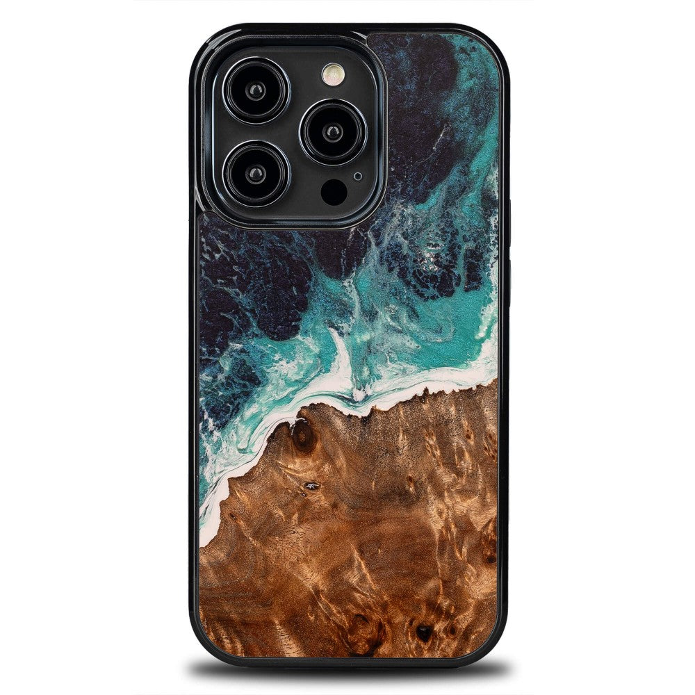 Holzhülle für iPhone 14 Pro, Bewood Unique Dream Island, Blau-Braun
