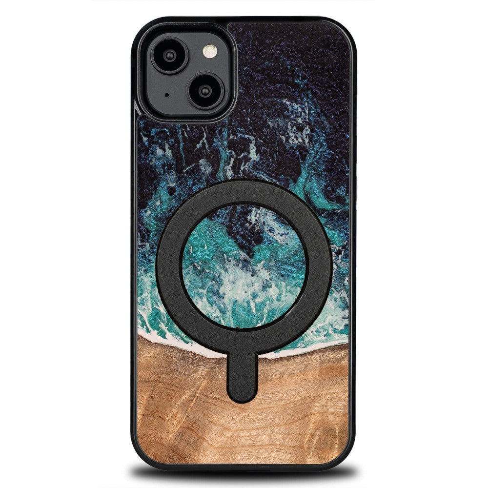 Holzhülle für iPhone 14 Plus, Bewood Unique Dream Island für MagSafe, Blau-Braun