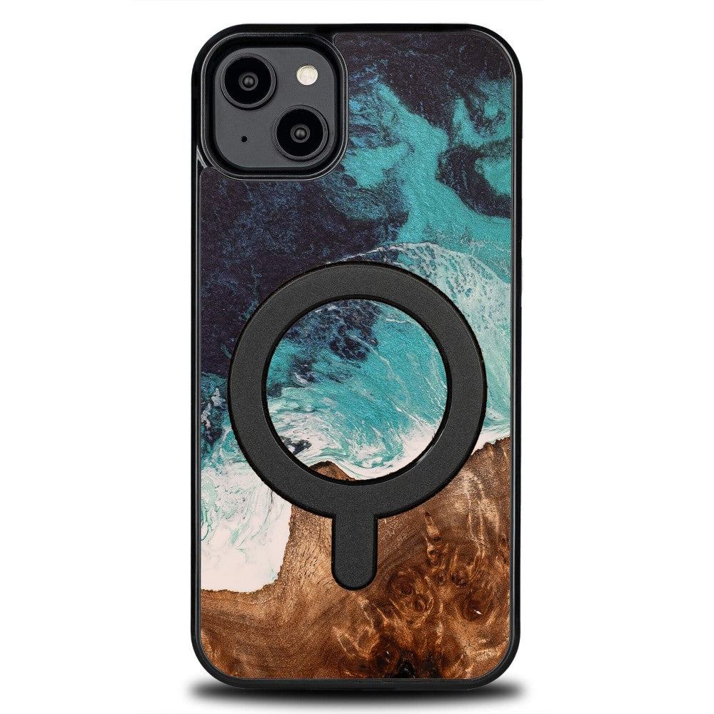 Holzhülle für iPhone 14 Plus, Bewood Unique Dream Island für MagSafe, Blau-Braun