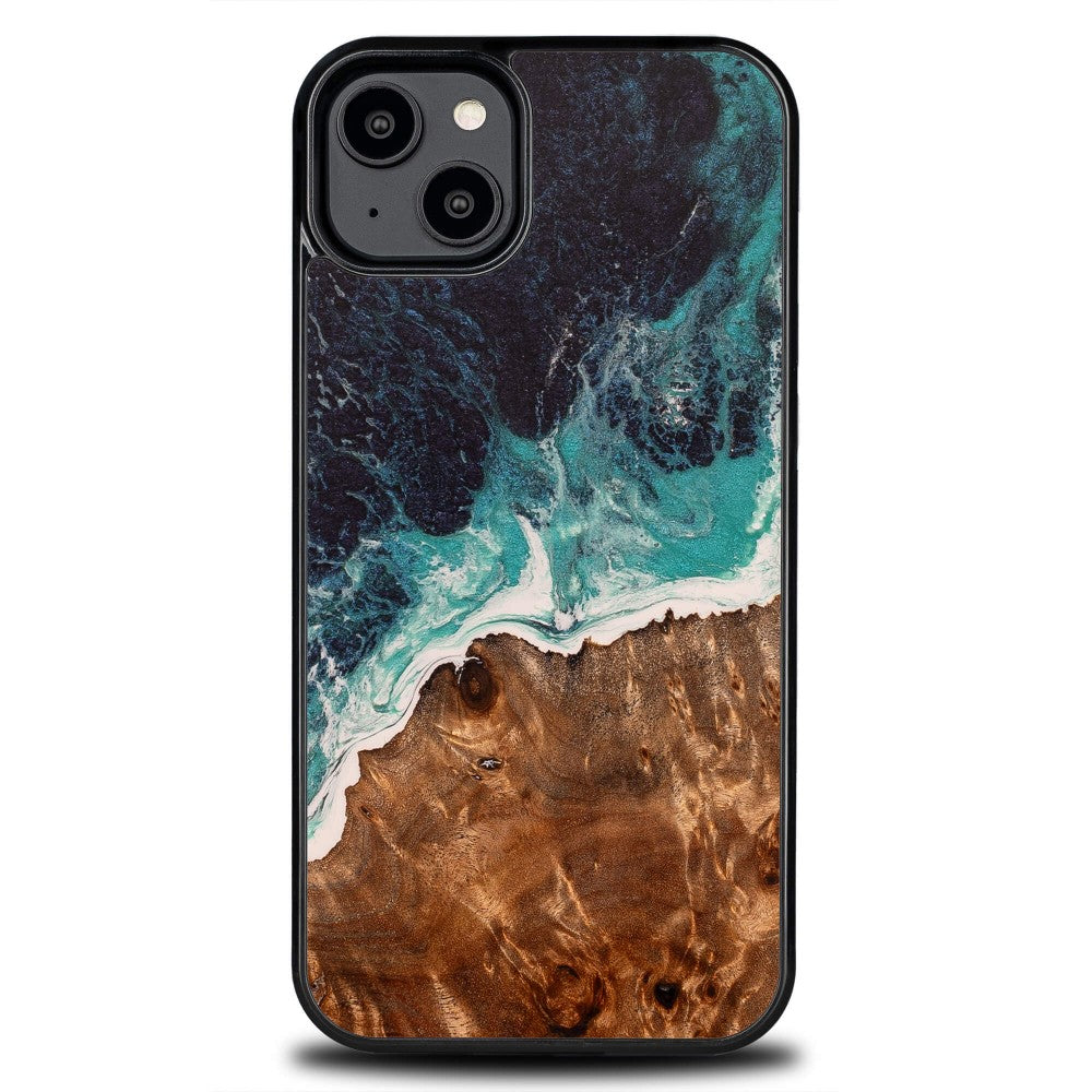 Holzhülle für iPhone 14 Plus, Bewood Unique Dream Island, Blau-Braun