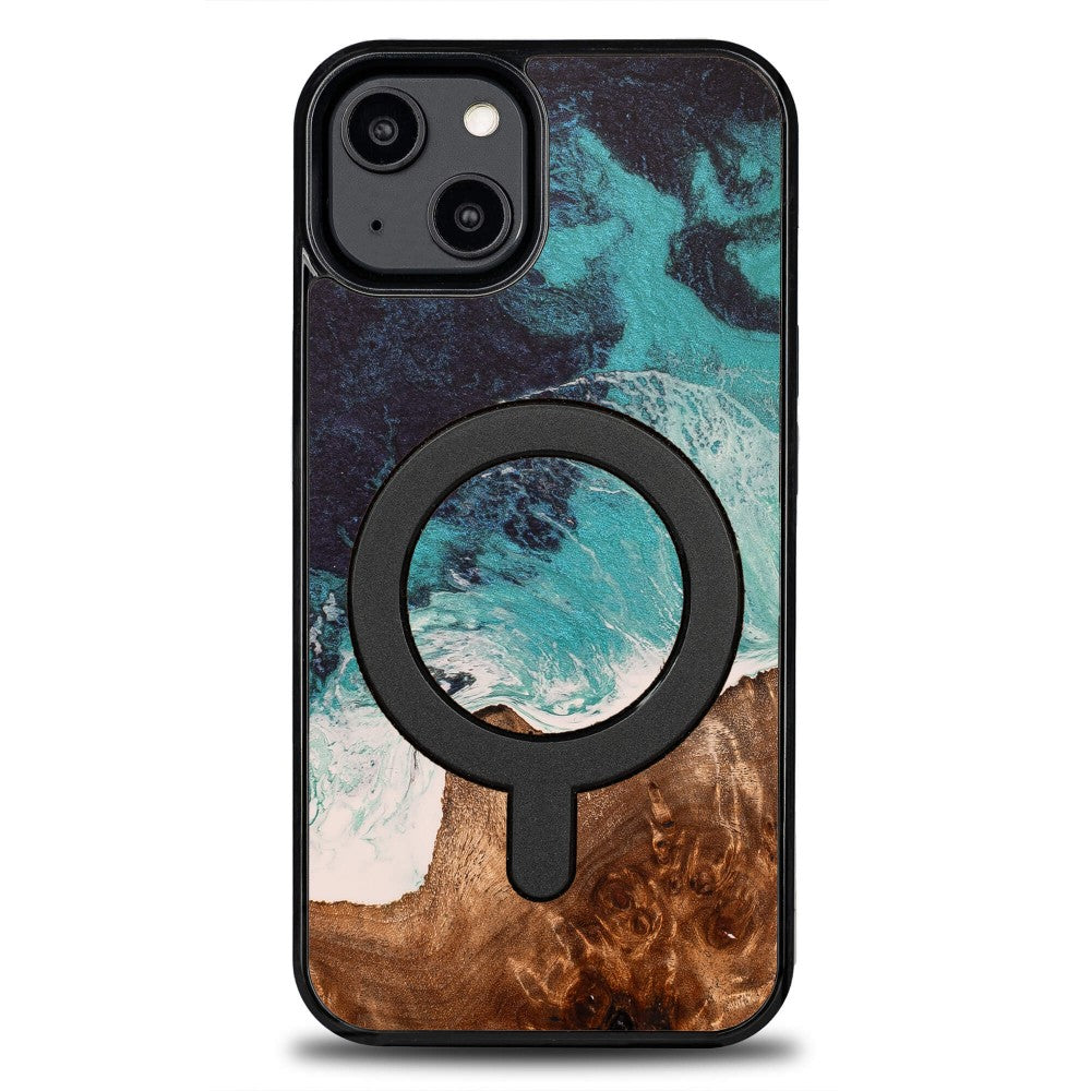 Holzhülle für iPhone 14, Bewood Unique Dream Island für MagSafe, Blau-Braun