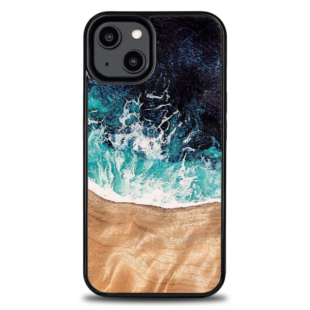 Holzhülle für iPhone 14, Bewood Unique Dream Island, Blau-Braun
