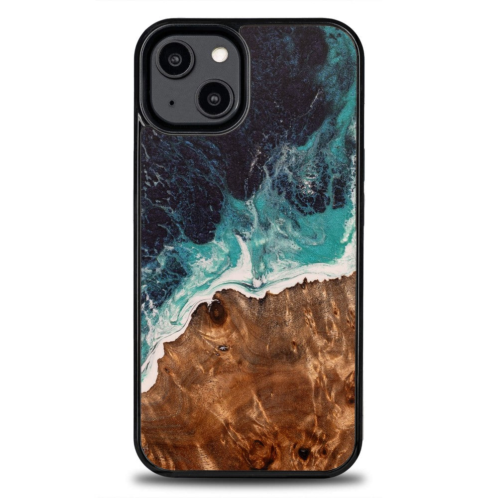 Holzhülle für iPhone 14, Bewood Unique Dream Island, Blau-Braun