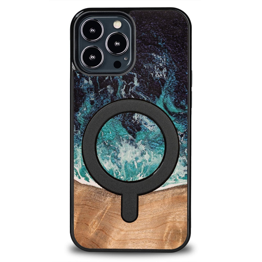 Holzhülle für iPhone 13 Pro Max, Bewood Unique Dream Island für MagSafe, Blau-Braun