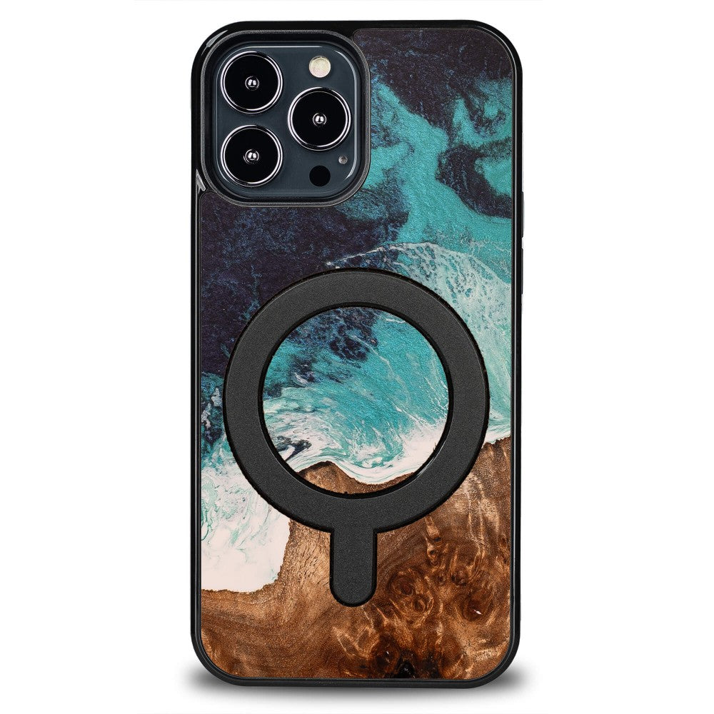 Holzhülle für iPhone 13 Pro Max, Bewood Unique Dream Island für MagSafe, Blau-Braun