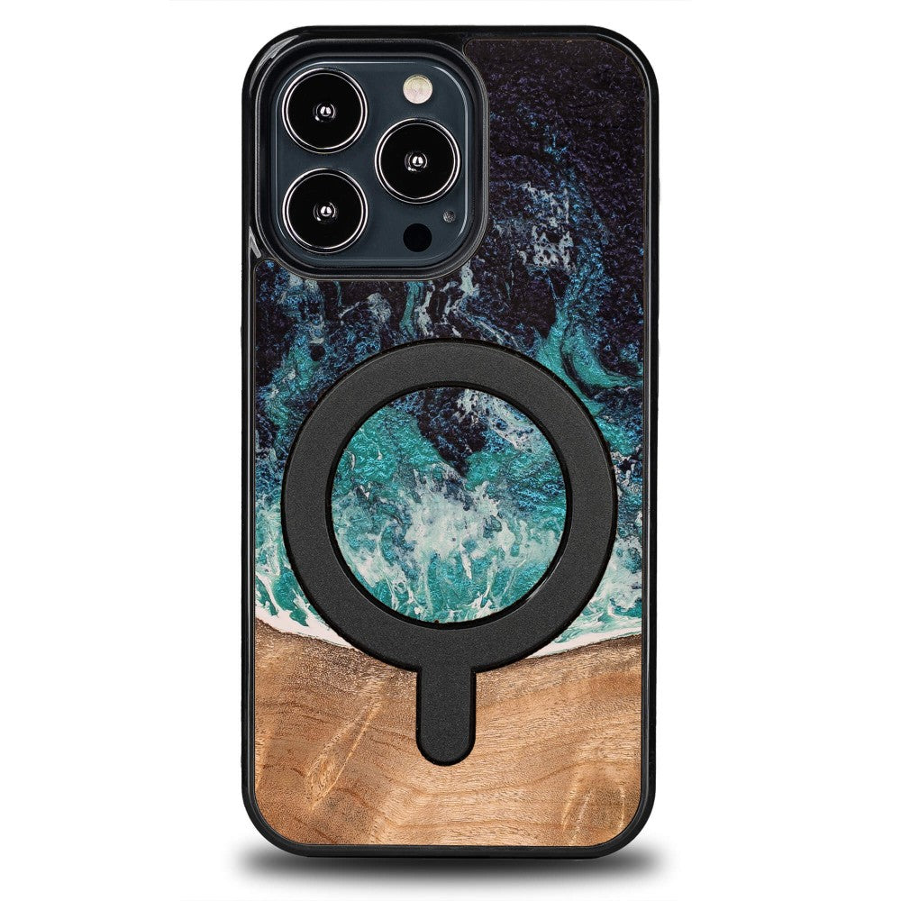 Holzhülle für iPhone 13 Pro, Bewood Unique Dream Island für MagSafe, Blau-Braun