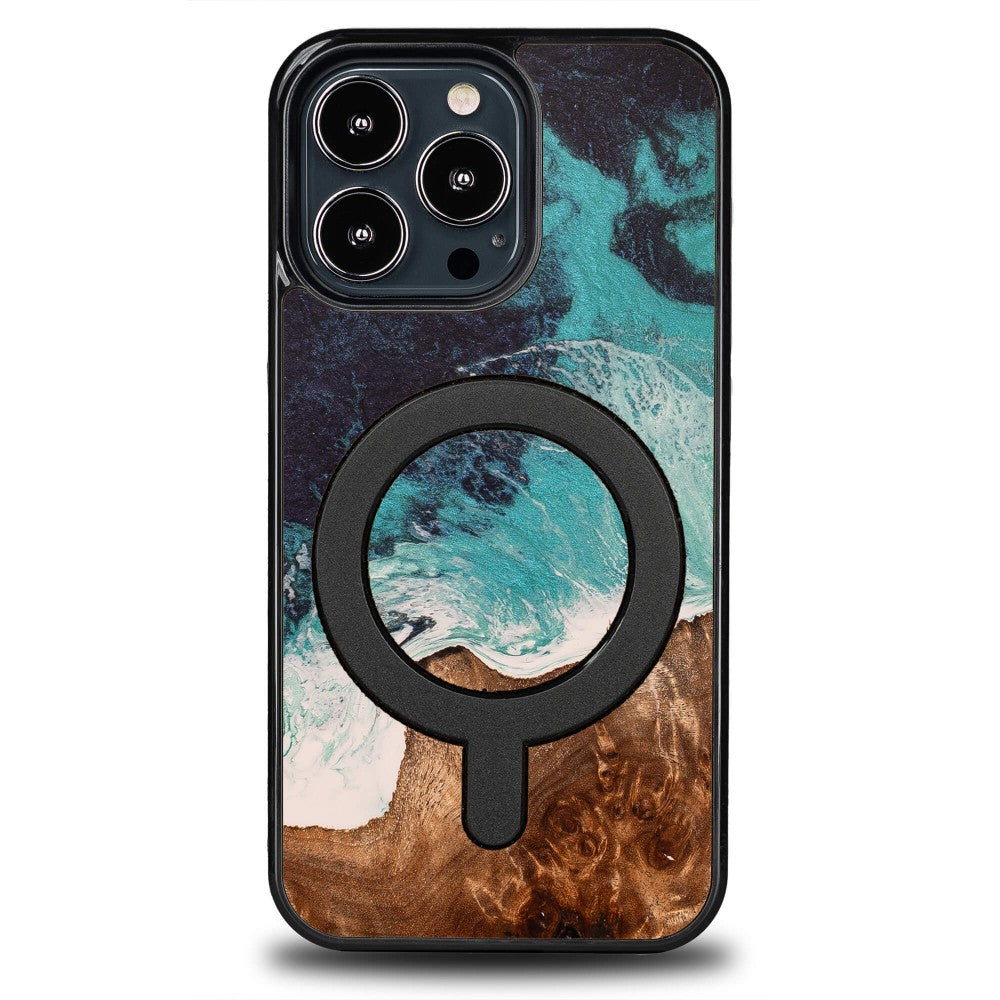 Holzhülle für iPhone 13 Pro, Bewood Unique Dream Island für MagSafe, Blau-Braun