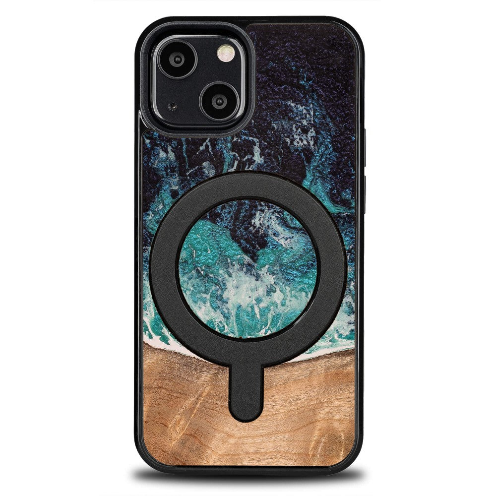 Holzhülle für iPhone 13 Mini, Bewood Unique Dream Island für MagSafe, Blau-Braun