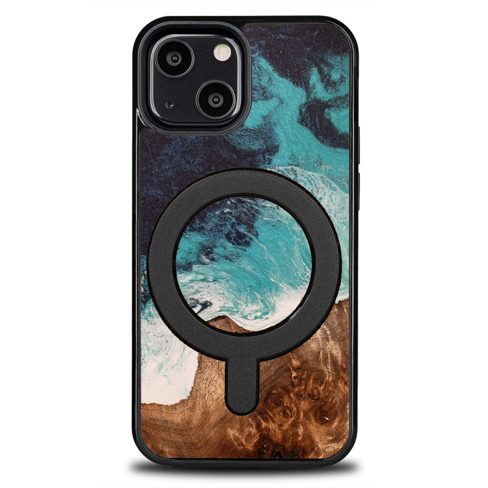 Holzhülle für iPhone 13 Mini, Bewood Unique Dream Island für MagSafe, Blau-Braun